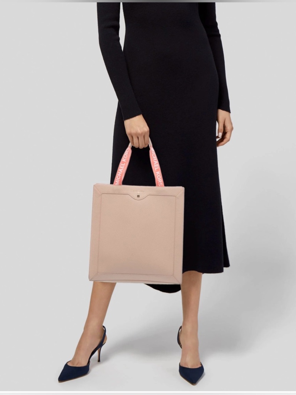 MICHAEL KORS || Blush Pink Leather Tote with Logo-Web Handles. 13”W x 13” H